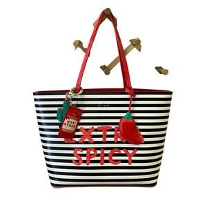 Kate Spade Extra Spicy Little Len Tote Bag + Key Chains Black White Striped Red